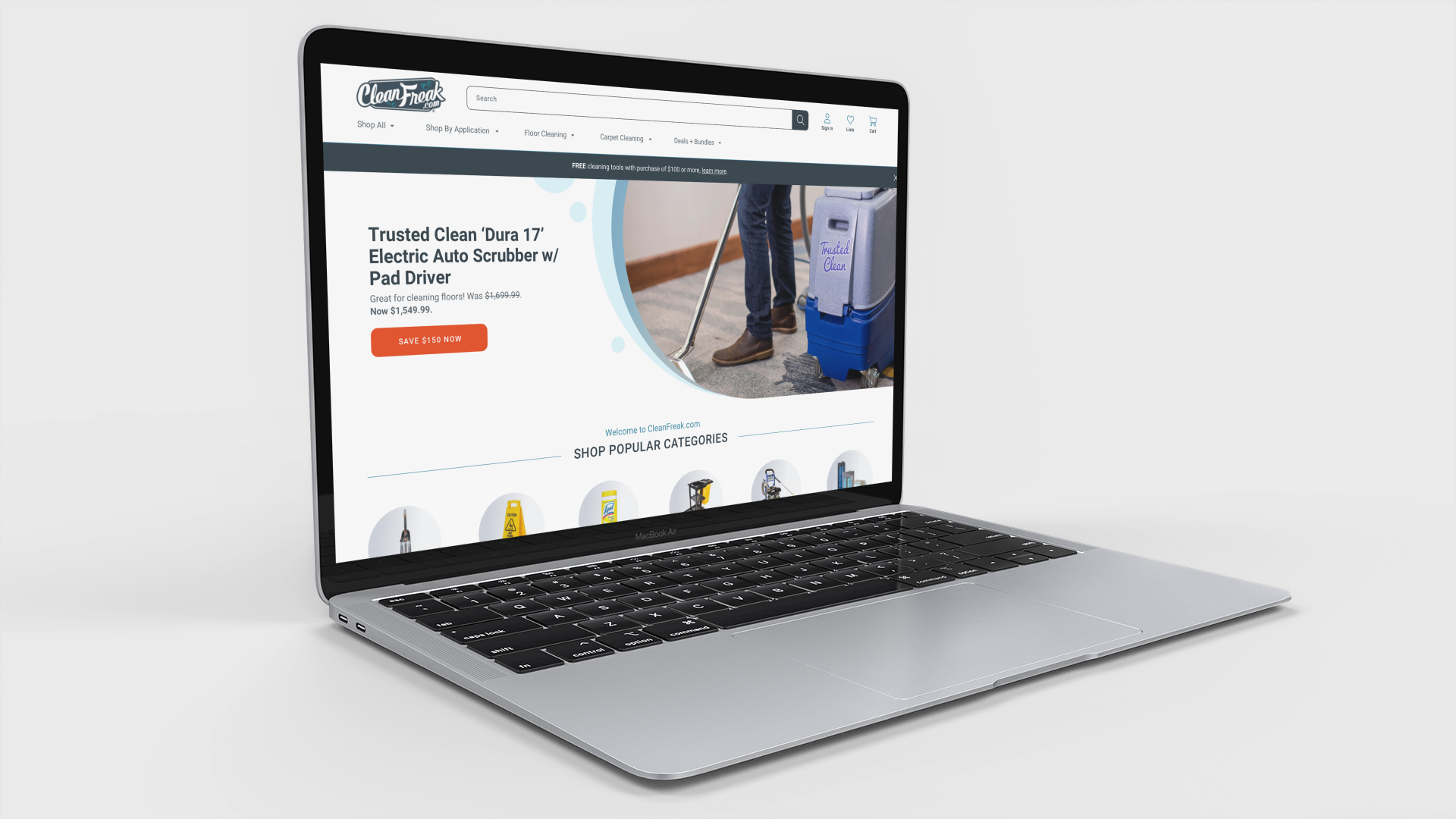  Homepage of the Clean Freak website on a laptop.  