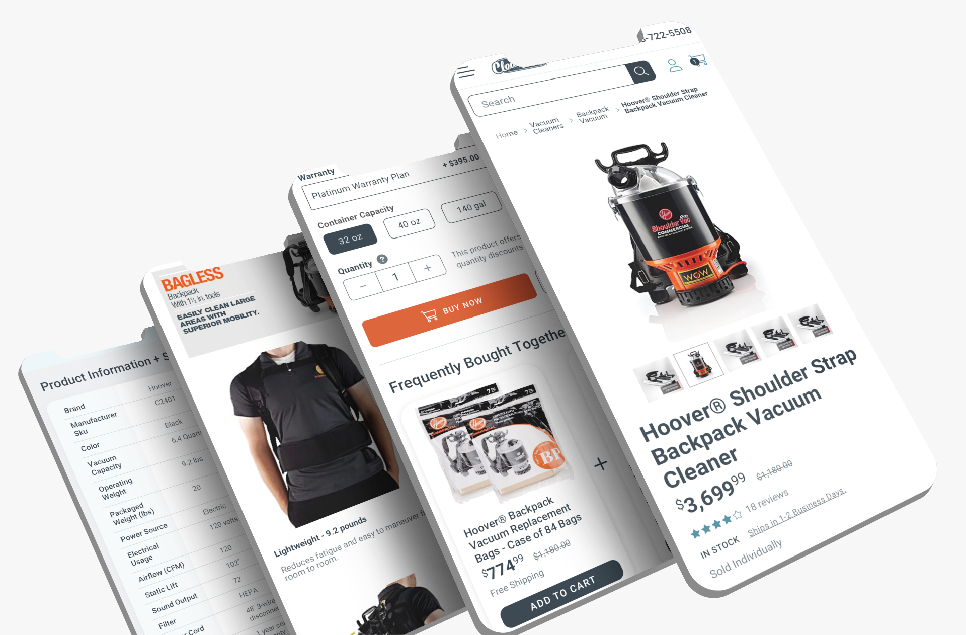  Four mobile screens of the product pages on the Clean Freak website.  