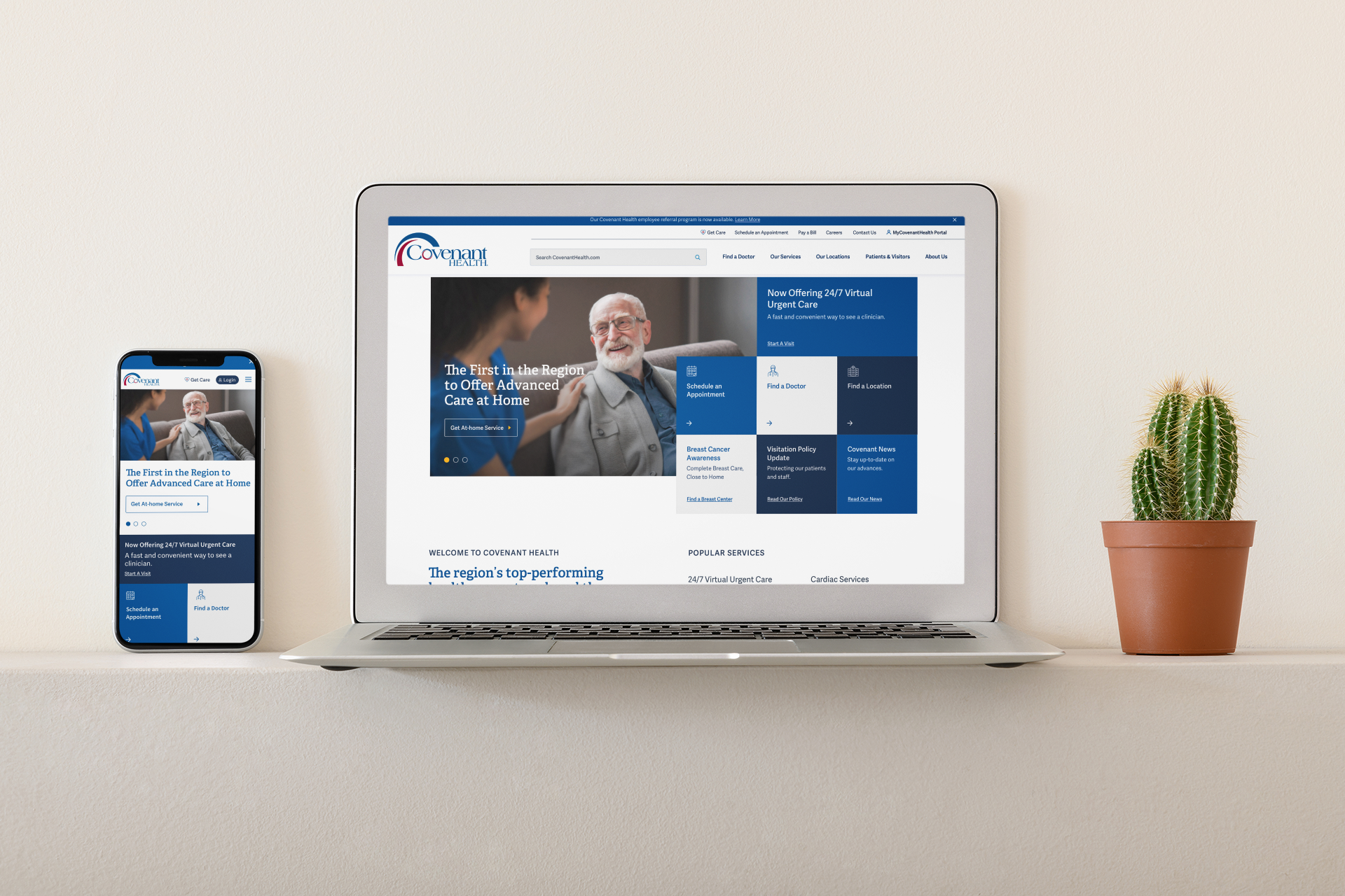  Covenant Health website shown on a laptop and iphone on a table along with a small cactus plant in a pot.  