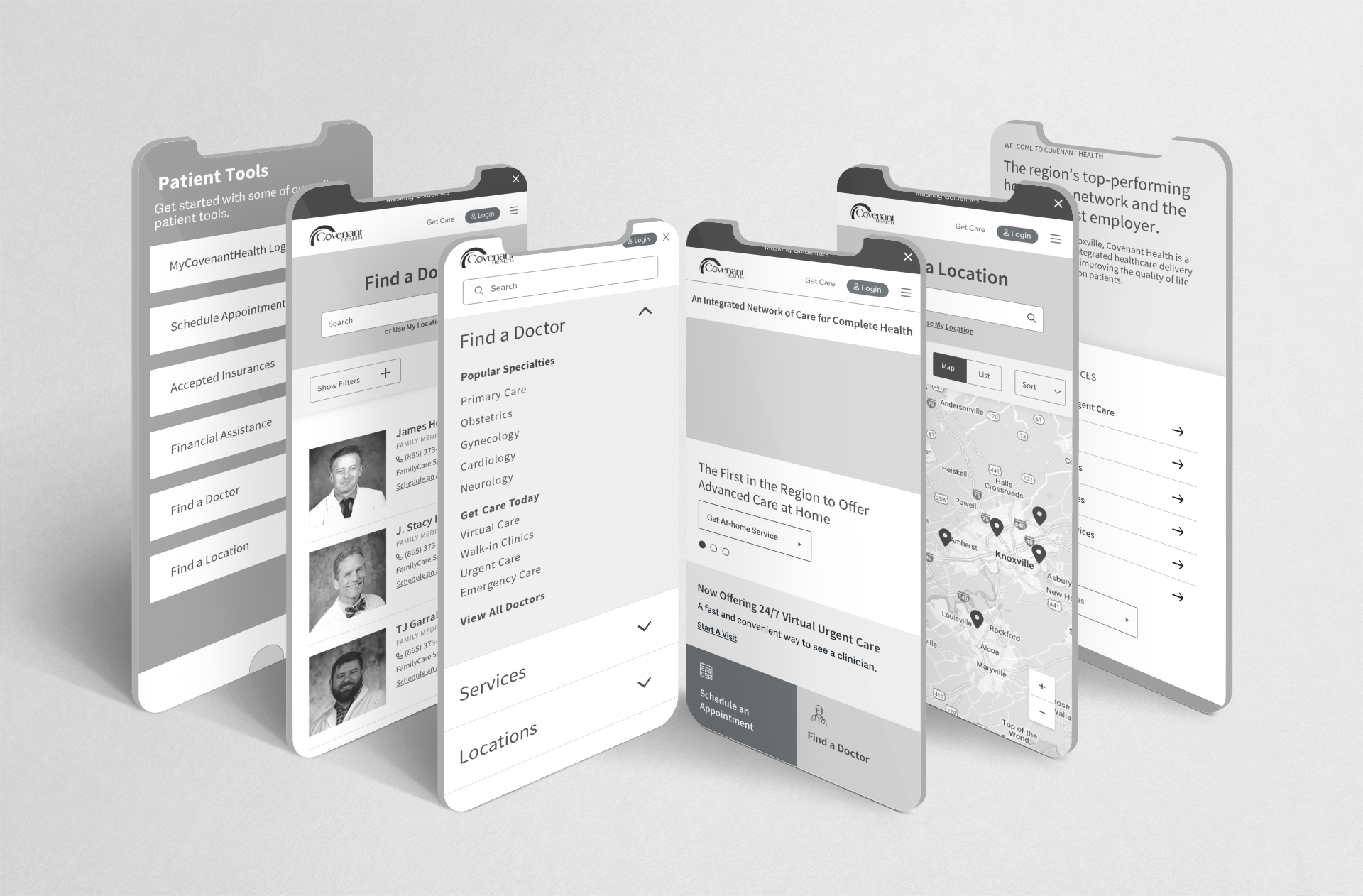  Six wireframe screens of various pages of the Covenant Health website.  