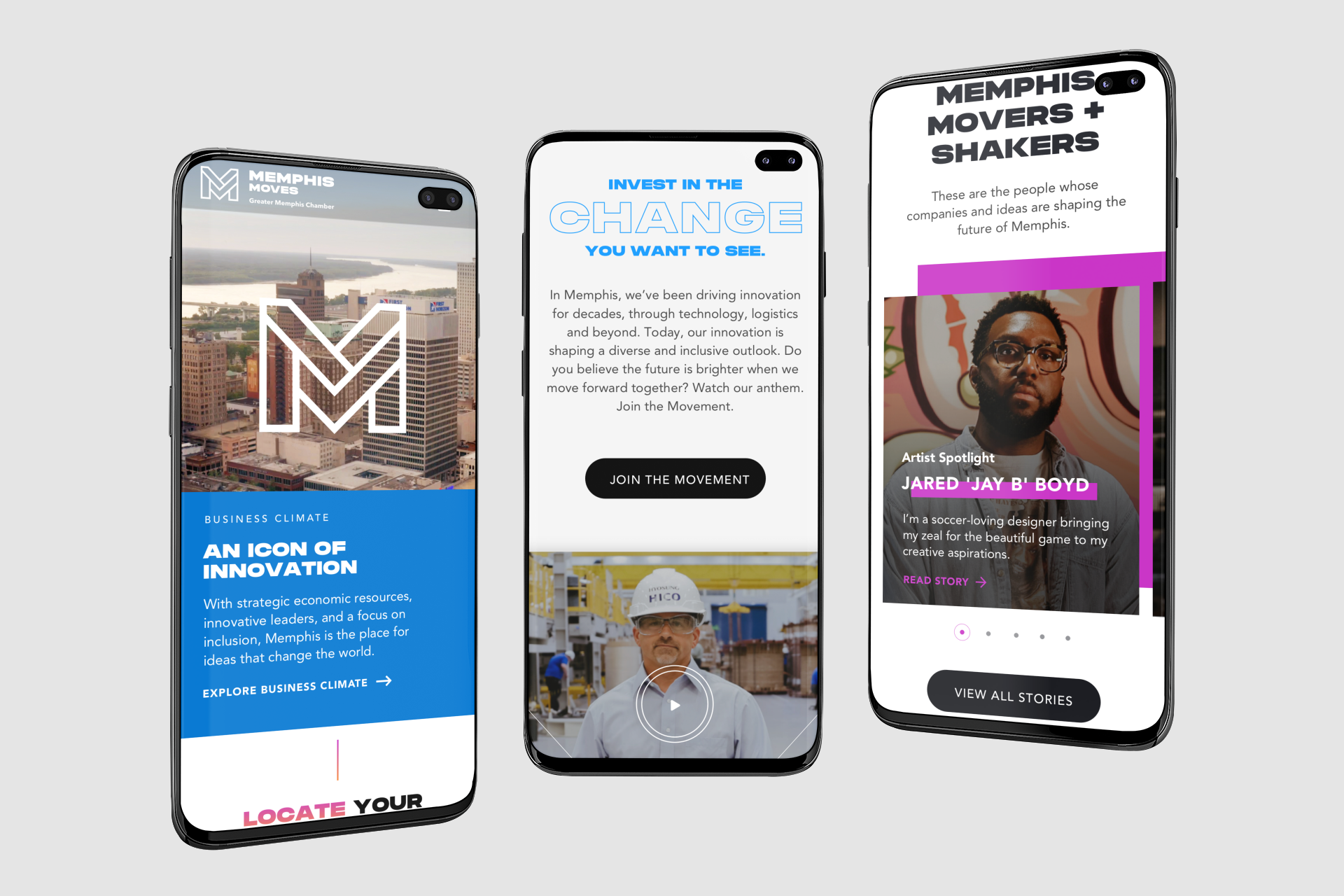  3 mobile designs for the Memphis Moves website 