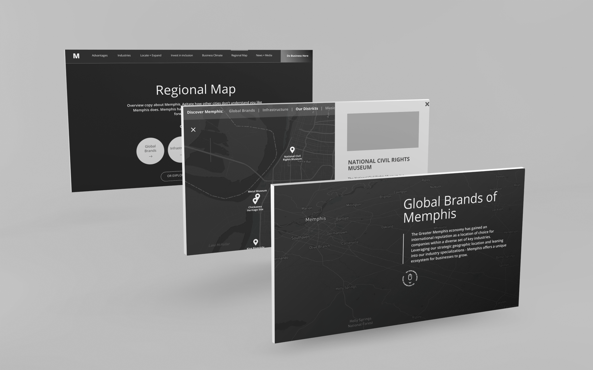  Three wireframe screens for the Memphis Moves website 