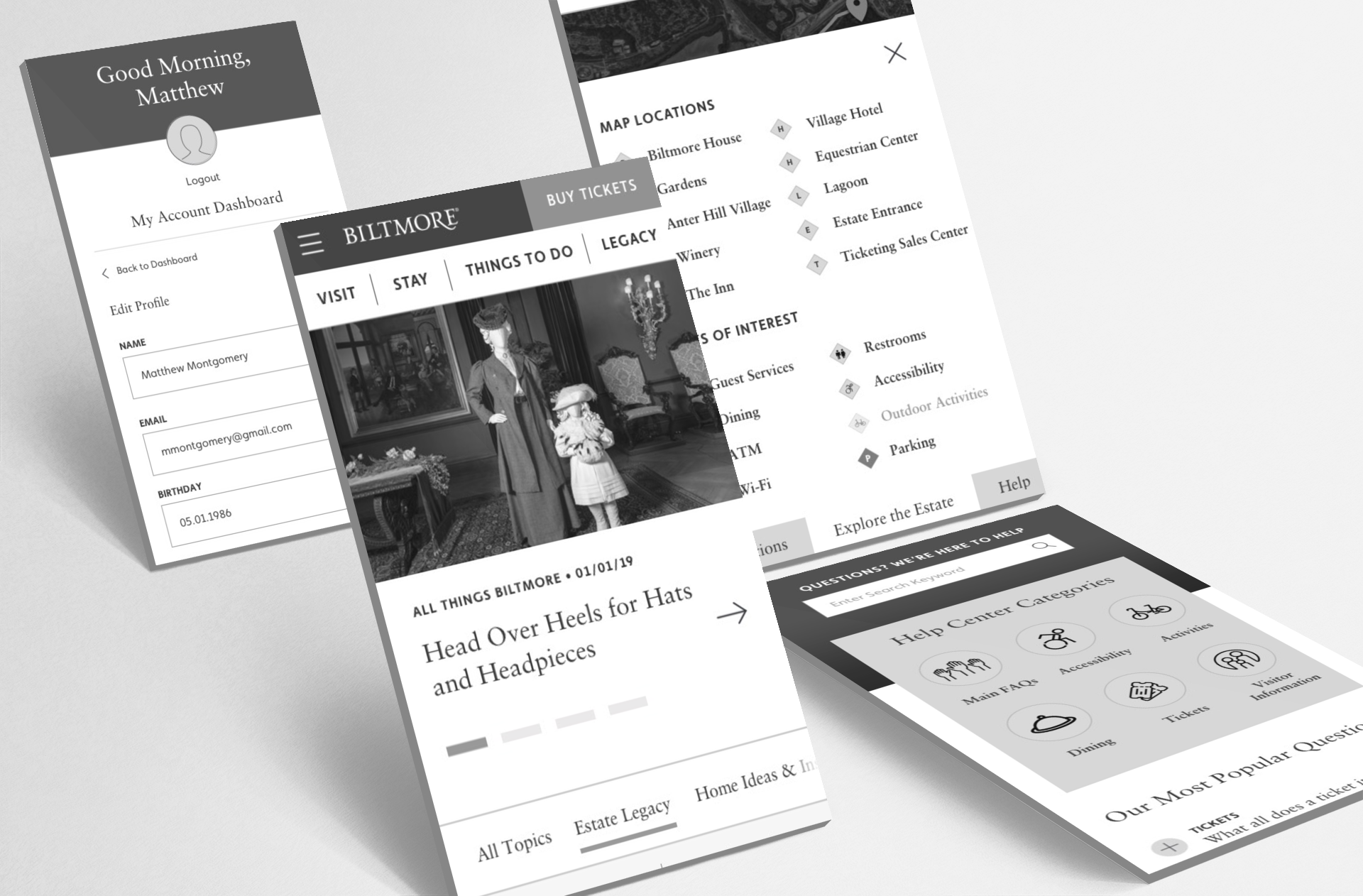  4 mobile wireframe screens for Biltmore 
