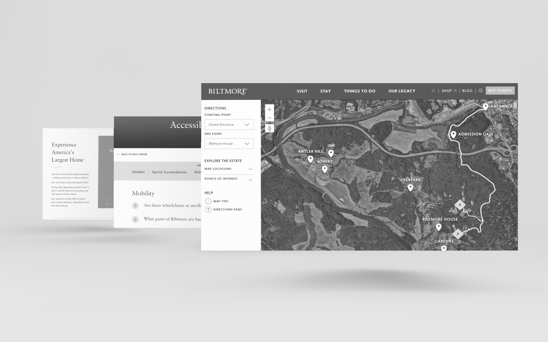  Three wireframe screens for Biltmore. 