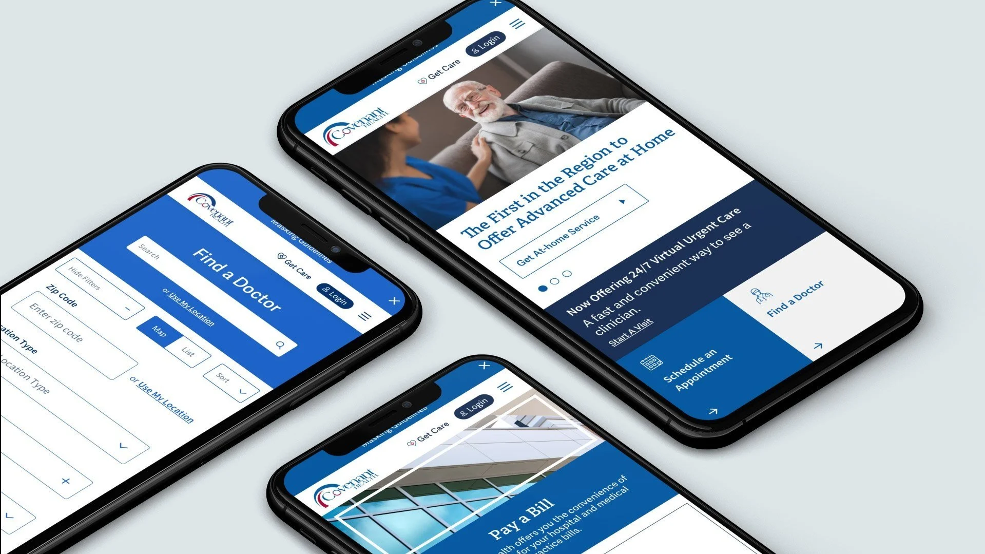  Mobile design for Covenant Health website on three iphone screens. 