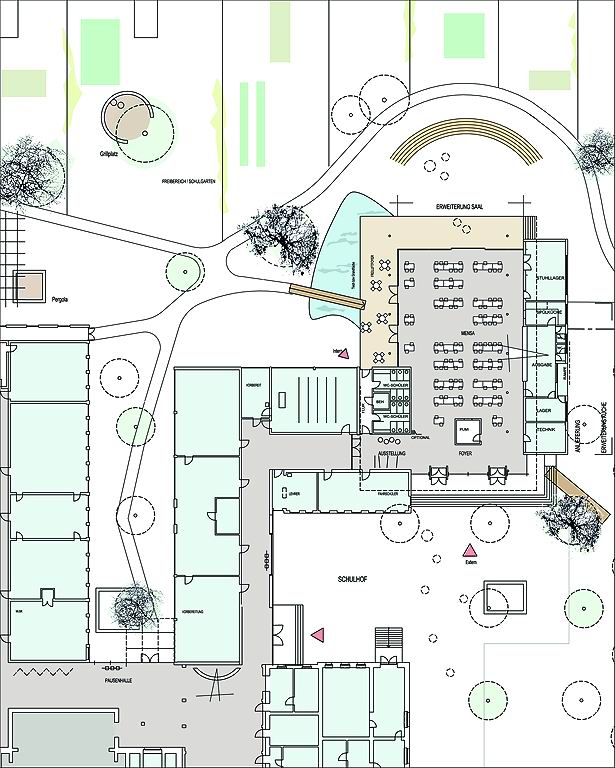  Unter der Federführung der Braunschweiger Architekten Christoph Gondesen und Thomas Wenzig entstand in Folge eines 2005 ausgeschriebenen Wettbewerbs ein Neubau, der multifunktional nutzbar ist. Die Architekten haben den Mensaneubau ganz bewusst nicht in den Vordergrund gestellt, sondern den Ort im Hintergrund gewählt. Auf diesem Weg gestalteten sie Raum zwischen Alt und Neu und gaben den heterogenen Strukturen aus unterschiedlichen Bauten der letzten 50 Jahre eine klare Linie. Eine bestimmte Ordnung herzustellen ist Teil des Ausdrucks architektonischer Prozesse. Während der Schulalltag eher durch Vermischung, Vermengung, Verquickung geprägt ist, werden in der Architektur Funktionen, Formen, Räume, Körper, Farben gründlich sortiert und in eine gestalterisch elegante Form gebracht. Die Architekten betonen wie elementar das schwebende Dach für den ganzen Entwurf ist. Sämtliche im Gebäude eingestellten Baukörper werden auf diesem Weg zusammengefasst. Die Holzkonstruktion ist sichtbar geblieben.