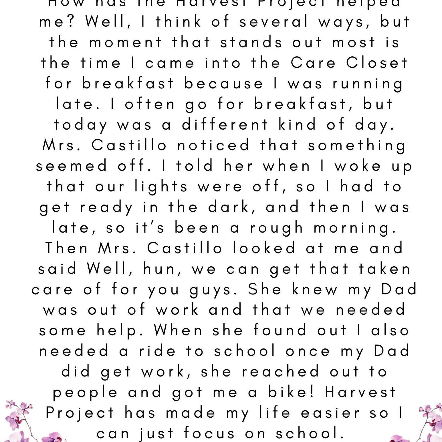Storytime Tuesday!

&quot;How has Harvest Project helped me?&quot;

These Tuesday Story Times are stories of real life people that YOU have impacted this year by being a part of Harvest Project. We just want to use the summer to remind people that al