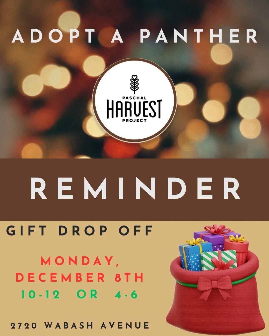 Friendly reminder to everyone participating in our Adopt A Panther this year:

All Gifts are due this Monday, December 8th between 10-12 or 4-6 at University Baptist Church! We cannot wait to see you!

Remember all gifts should be wrapped and labeled