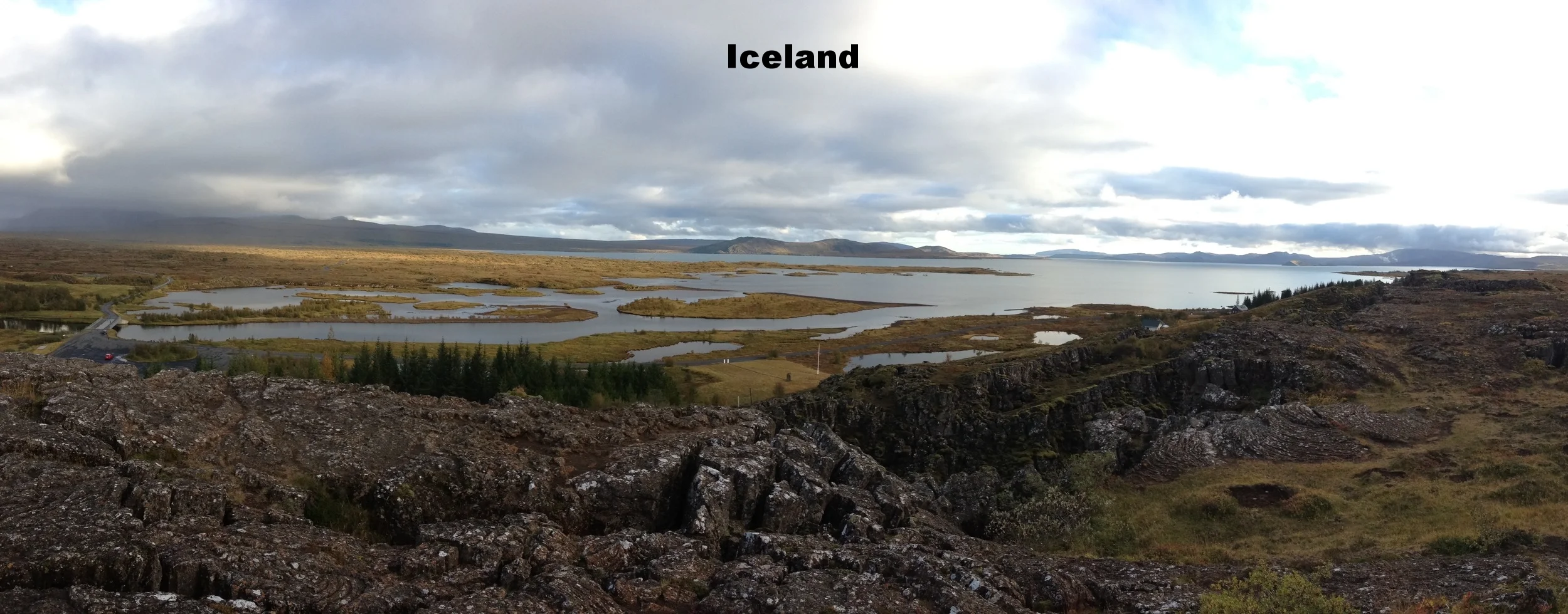 A panoramic view of Iceland's landscape with rocky foreground, green trees, multiple lakes, and distant mountains under cloudy skies.