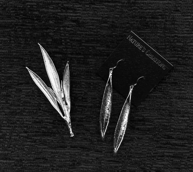 Set of silver earrings shaped like elongated leaves on a black textured surface, partial black card with text 'NATURE'S CHARM'.