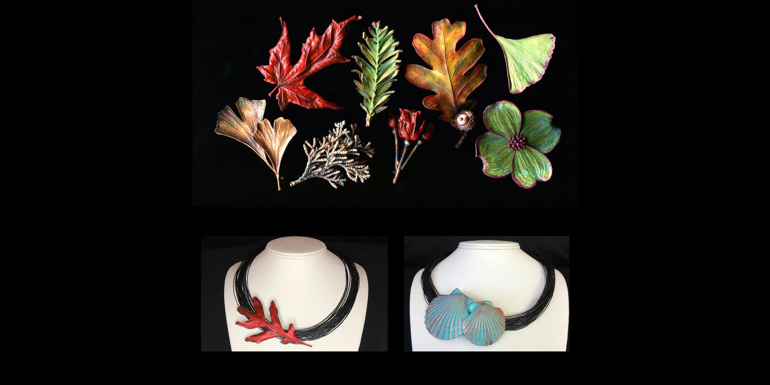 Top: Various colorful autumn leaves and natural elements on a black background. Bottom: Two necklaces displayed on white busts, one with red and black elements, the other with blue and black elements, against a black background.