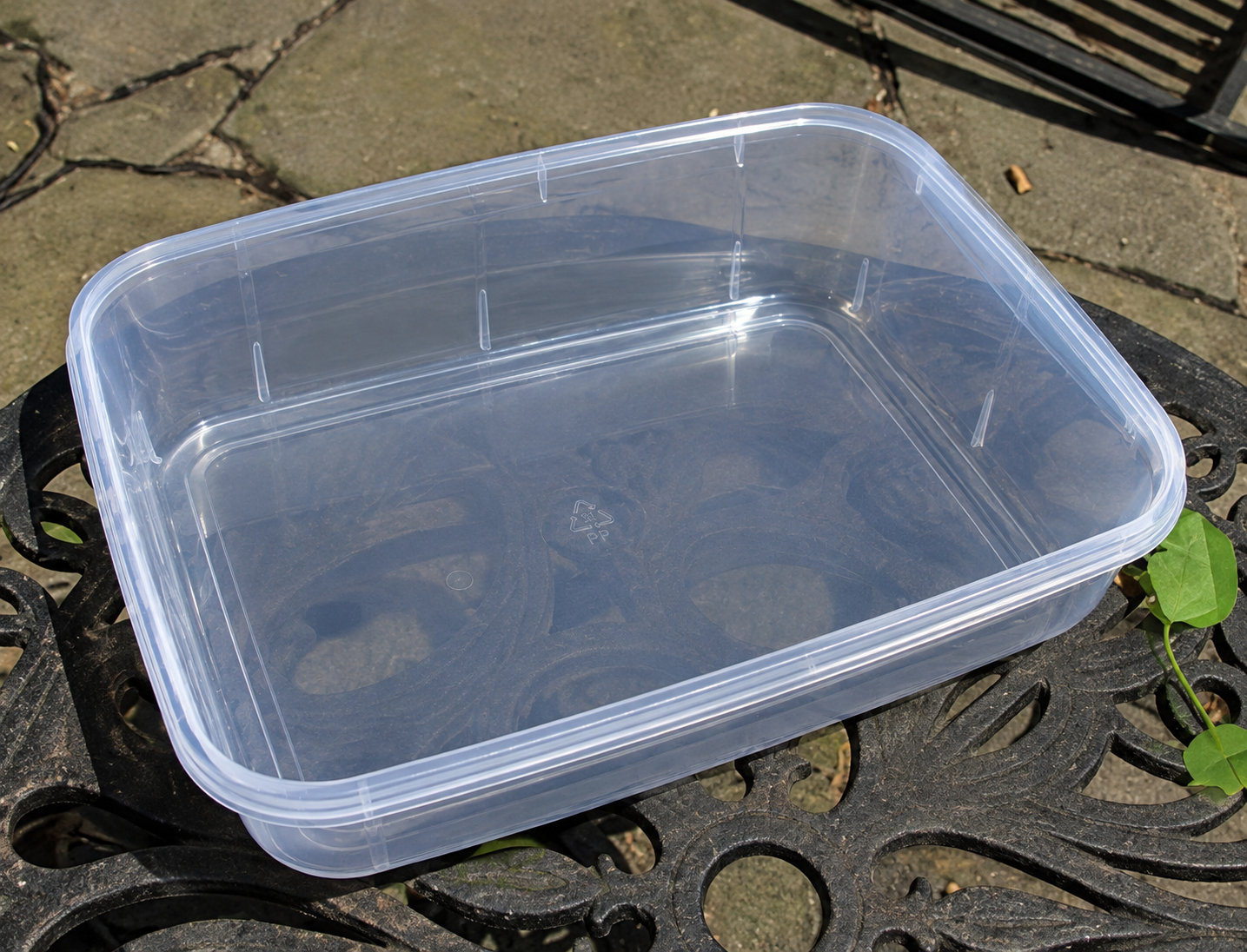 Empty clear plastic storage container on a decorative black metal outdoor table with pavement and some green leaves in the background.