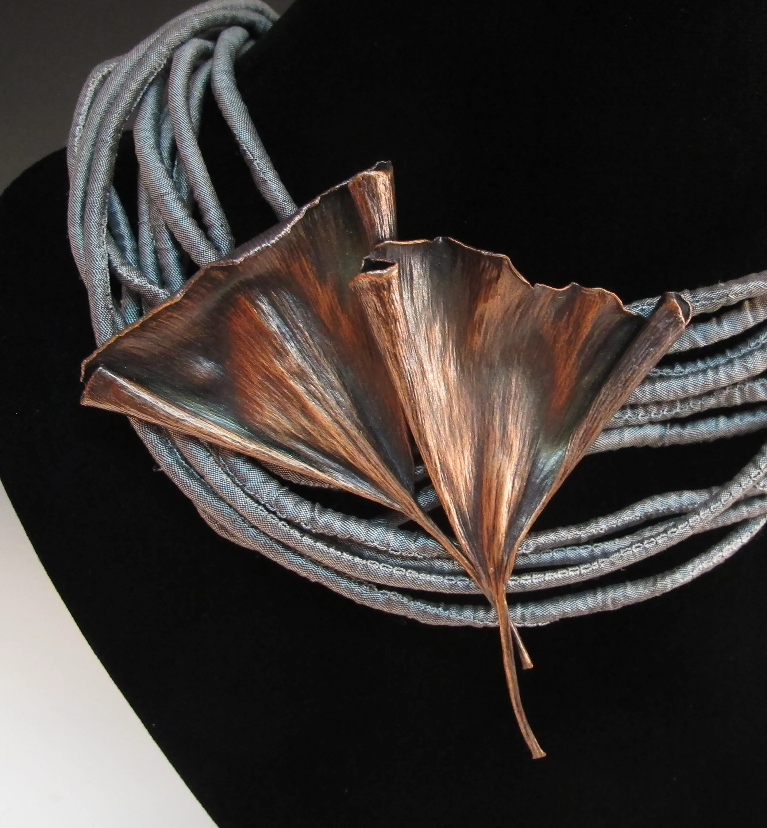 Bronze Double Ginkgo on Grey Silk