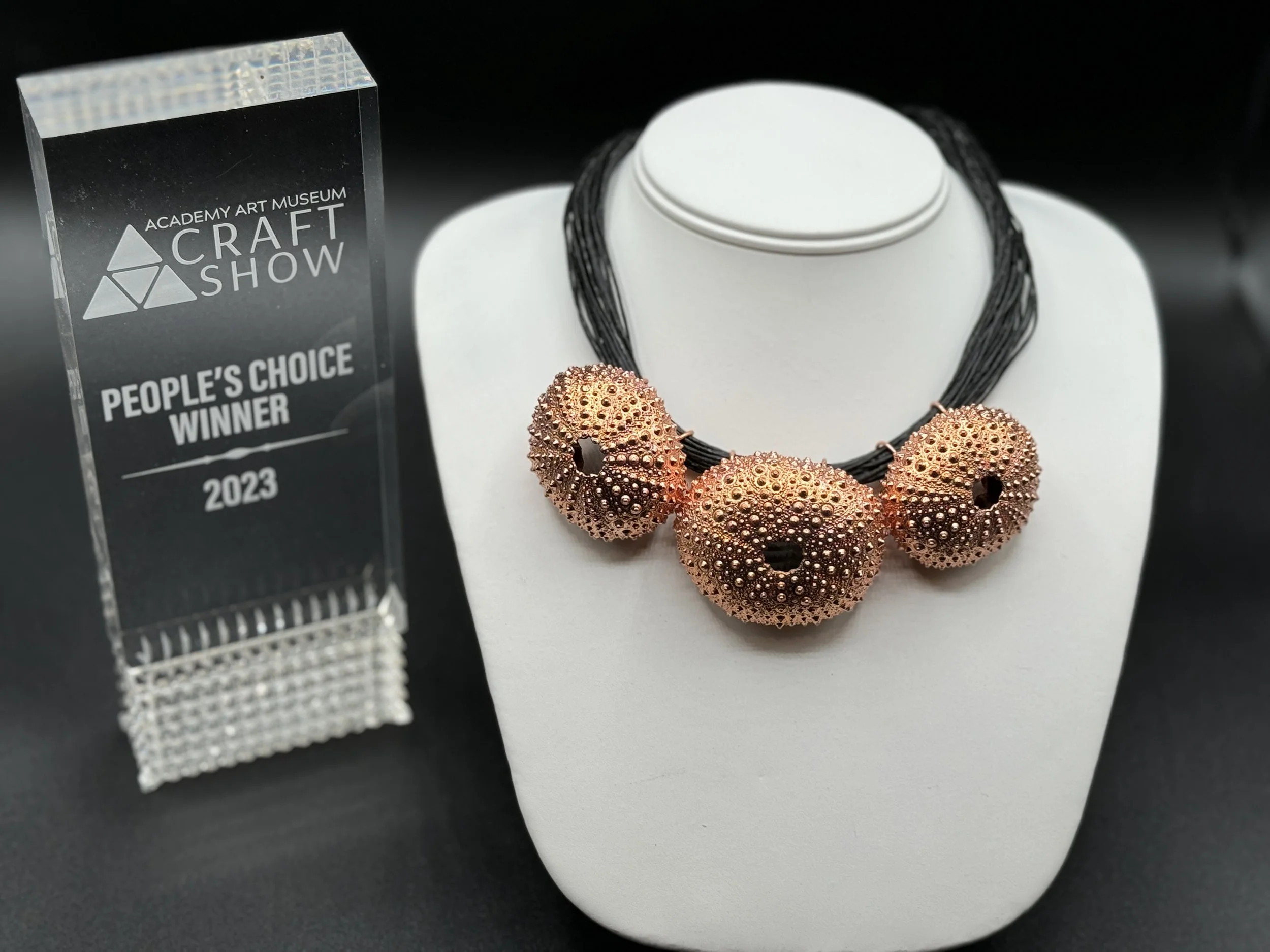 A display of jewelry including a multi-strand black necklace, a copper-colored necklace, and copper-colored earrings, with a plaque indicating it won the People's Choice Award at the 2023 Academy Art Museum Craft Show.