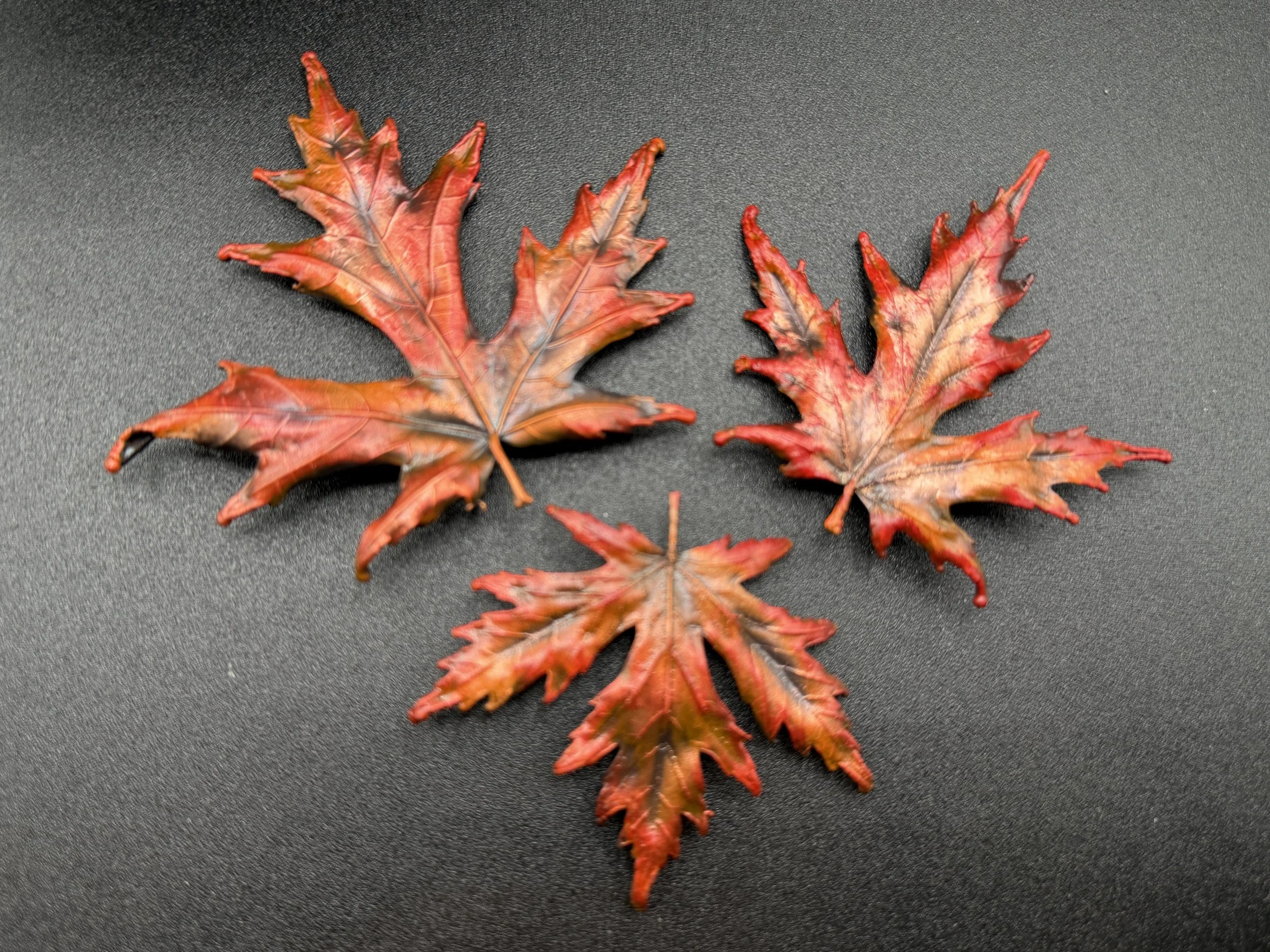 Three red and orange maple leaves on a black surface.