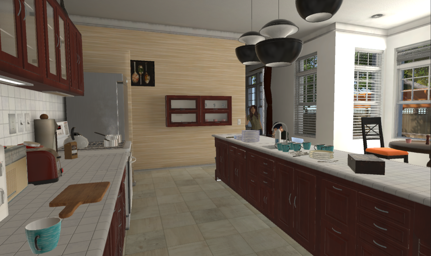 Interacting with virtual characters in an immersive kitchen scenario.