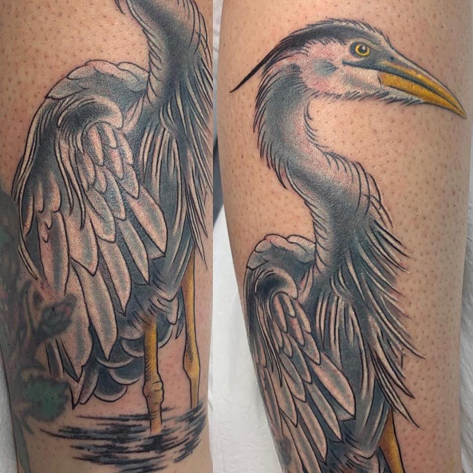 great blue heron back piece tattoo by Aubrey Mennella TattooNOW