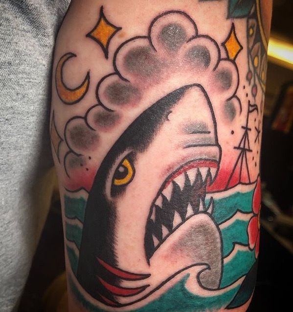 Illustration of angry shark tattoo. | CanStock