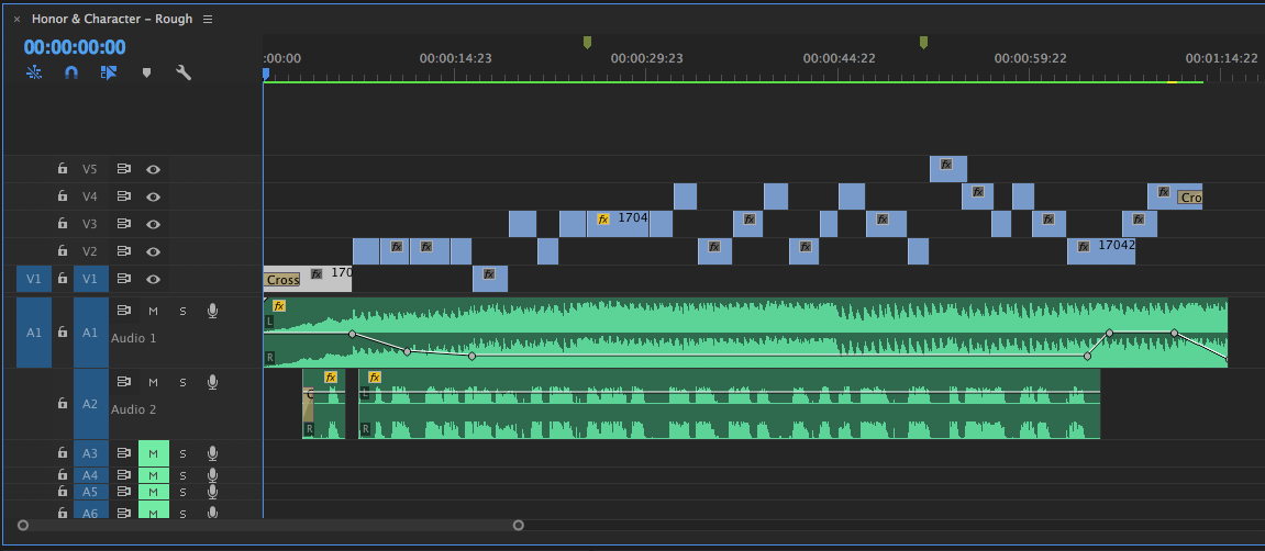 A view of the rough cut of Honor & Character. It looks chaotic because I've quickly been mixing and matching clips trying to find the right position. I don't move clips to one line until I get the next round of feedback. 