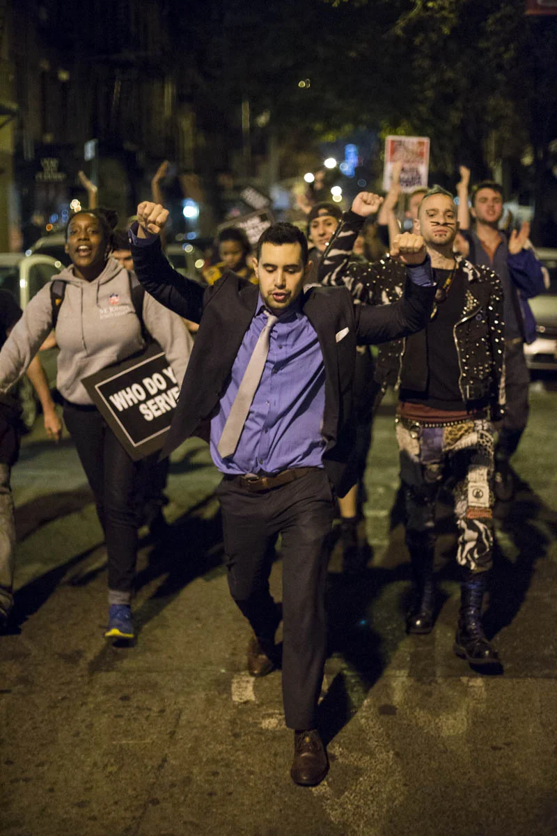 Protestors March through lower Manhattan on the first night of protests against a grand jury's decision not to indict the officer who shot Mike Brown in Ferguson, Missouri. 2014. 