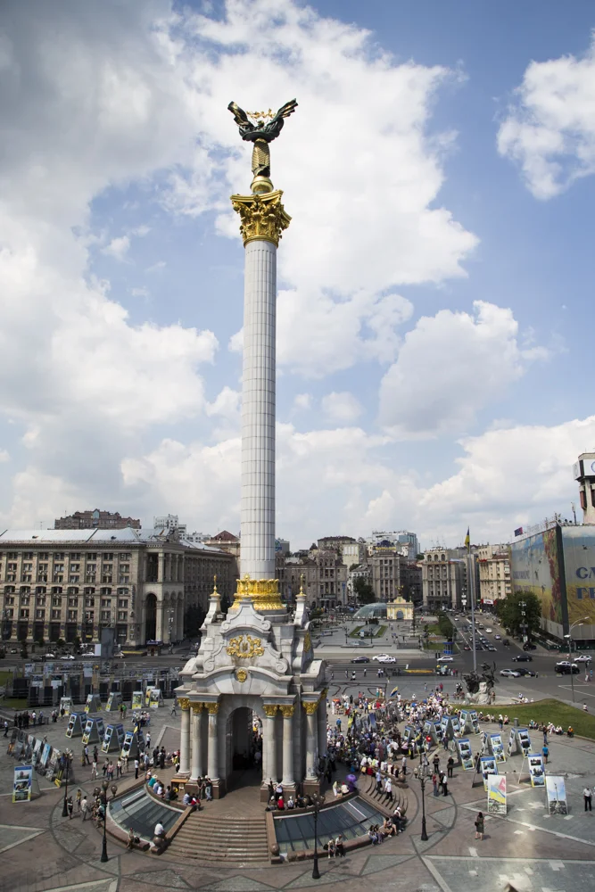 Kyiv's Maidan Square, where a wave of protests that began in late 2013 culminated in the removal of pro-Russian President Viktor Yanukovych and the subsequent Russian invasion of Crimea and the Donbass. July 2015. 