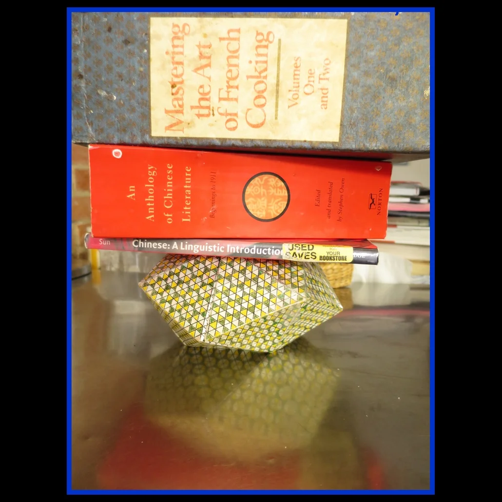 The paper sculpture "eye-sore me-trick cube-ish Prairie Son" engages in some heavy Sunday afternoon reading. Hence, Art in support of engineering (and vice versa).