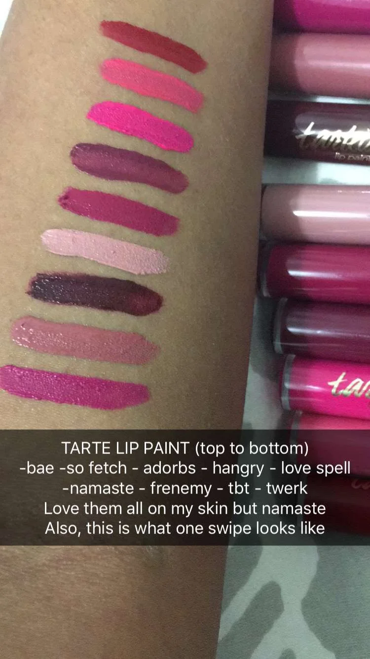 Pulled this from my Snapchat so you guys could get a closer look at the full range of Tarte's lip paints!
