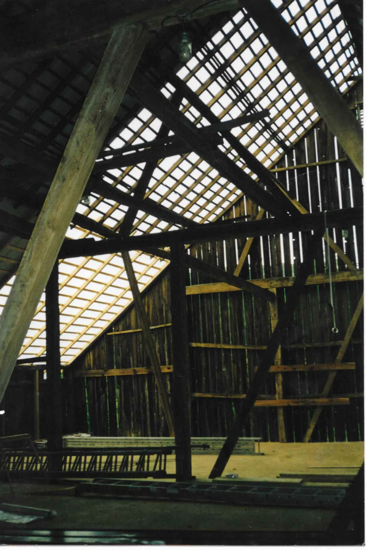 The upper story of the barn at Chanteclaire Farm during renovation. Note the work occurring on the roof.