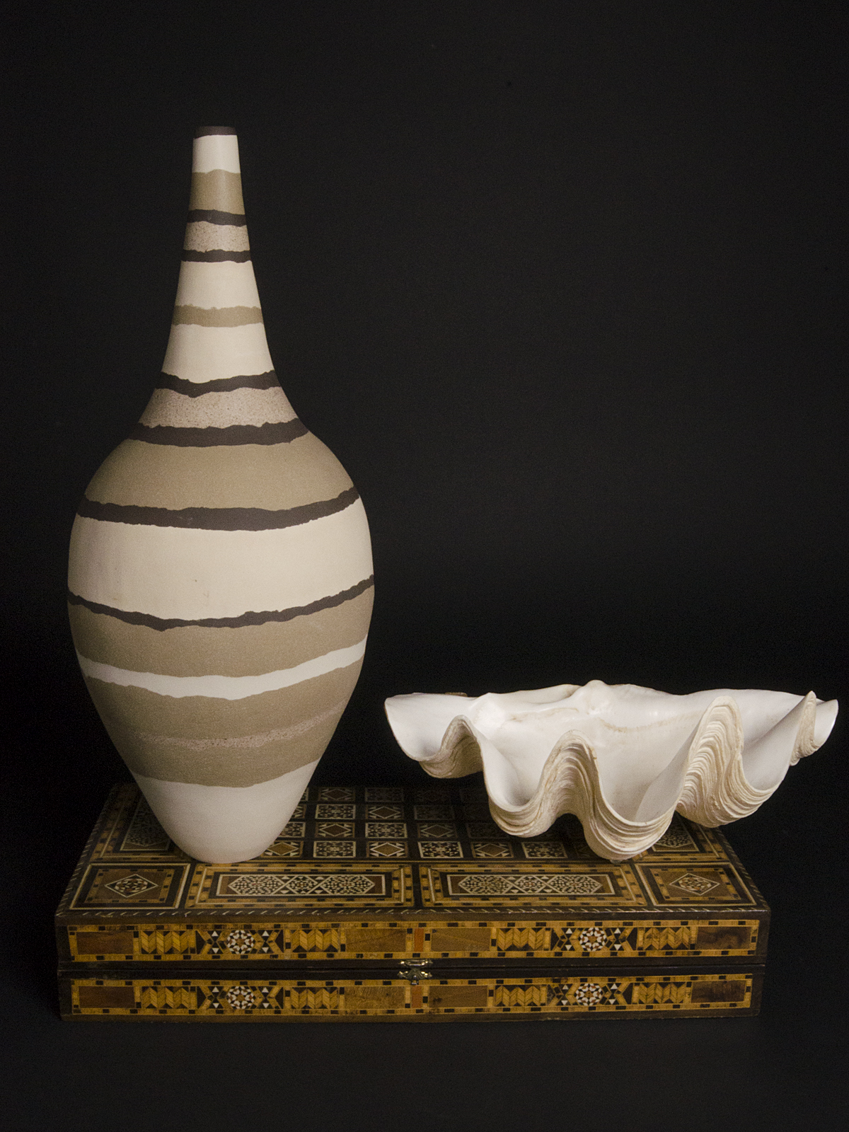 Ceramic vase by Loren Kaplan, chess board and one of my favourites, a giant clam shell.