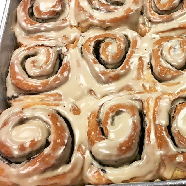 If you missed out yesterday don&rsquo;t worry! We have a pan of these maple frosted cinnamon rolls today too! Come get some before they sell out!!! #cinnayum #maple #maplecinnamonrolls #yourewelcome