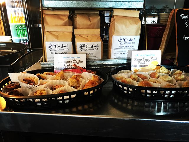 Alright gluten free friends, we need your help! We are sampling two gluten free desserts today : cinnamon coffee cake and lemon poppy seed bread. Come on in and let us know what you think of it for us to consider carrying it on a regular basis. #glut