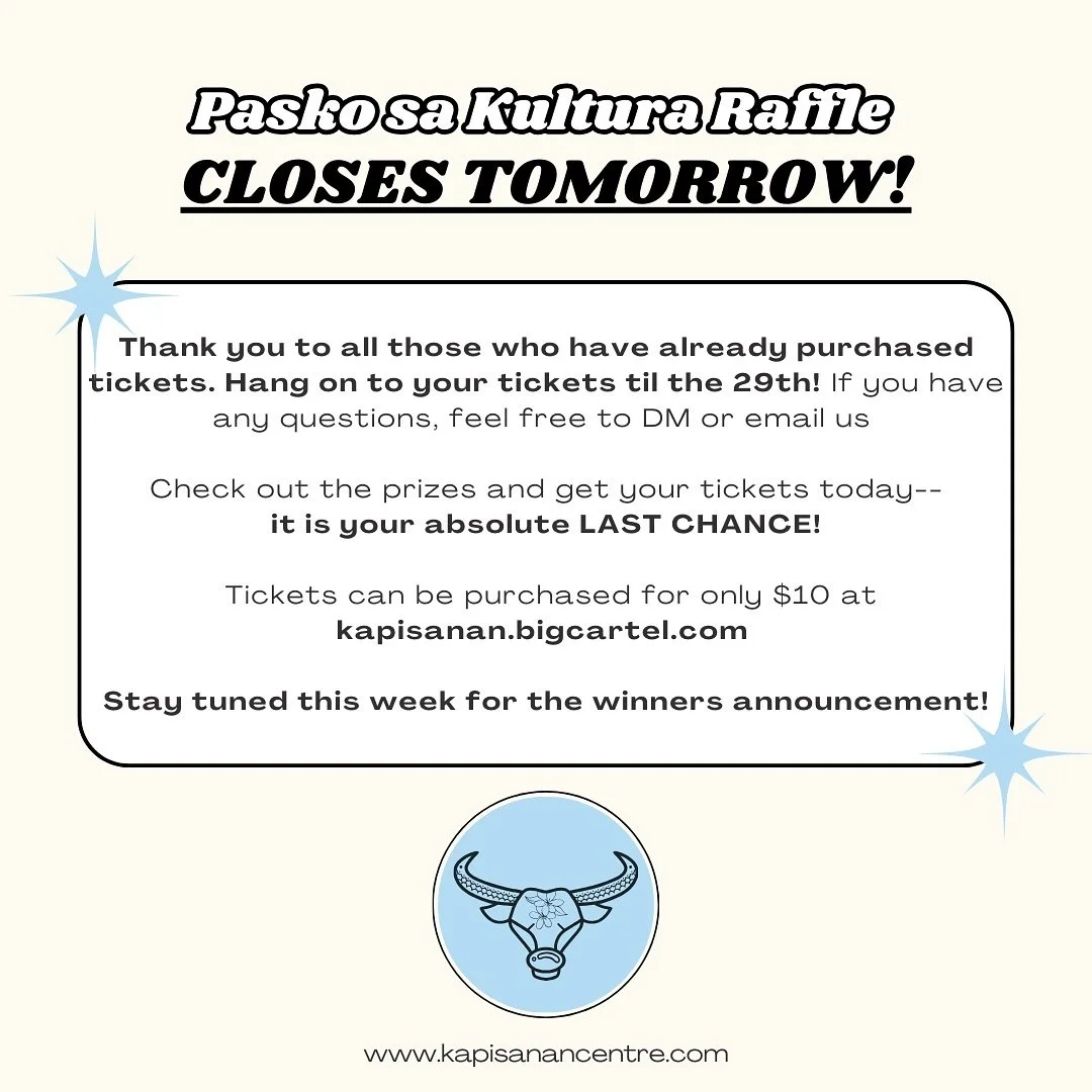 Our Pasko sa Kultura raffle MUST CLOSE TOMORROW! 😱

🌟 Make sure to get your tickets before it&rsquo;s too late &mdash; you don&rsquo;t want to miss out on the chance to WIN one of the incredible PRIZE PACKS that are available!

🌟See the link in ou
