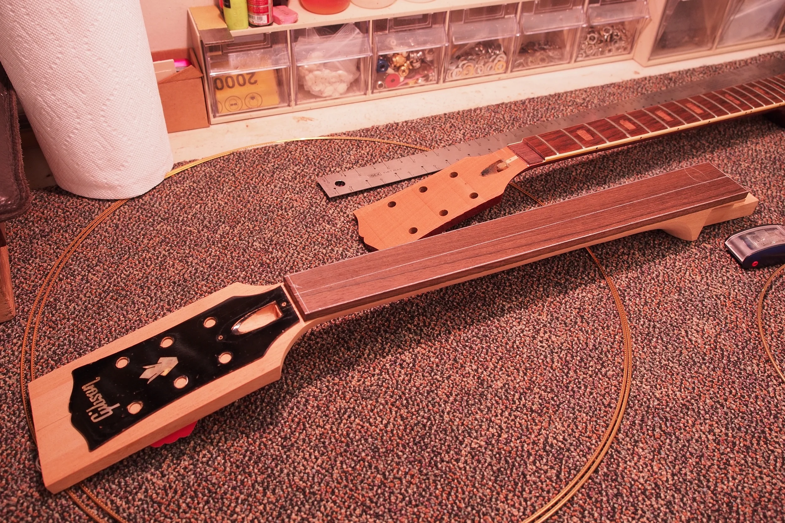 Roughing out the Brazilian rosewood fingerboard. This is a really nice piece of Braz. that I've had set aside for a project just like this one. 