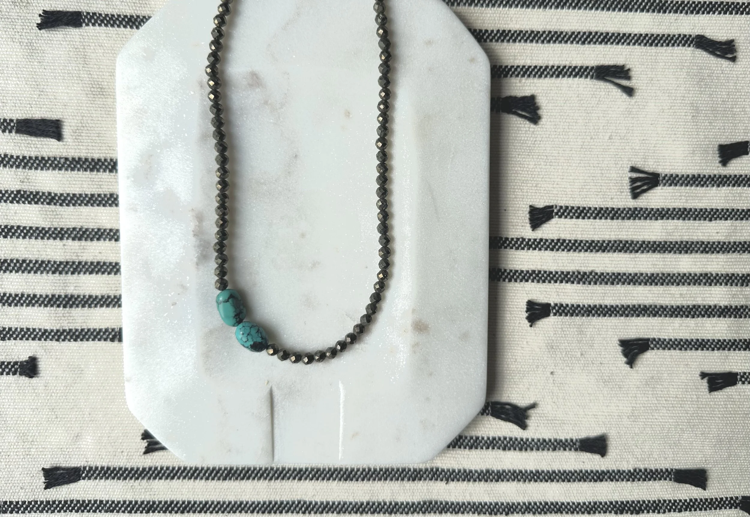 Off-center 2 Stone Turquoise and Pyrite Necklace