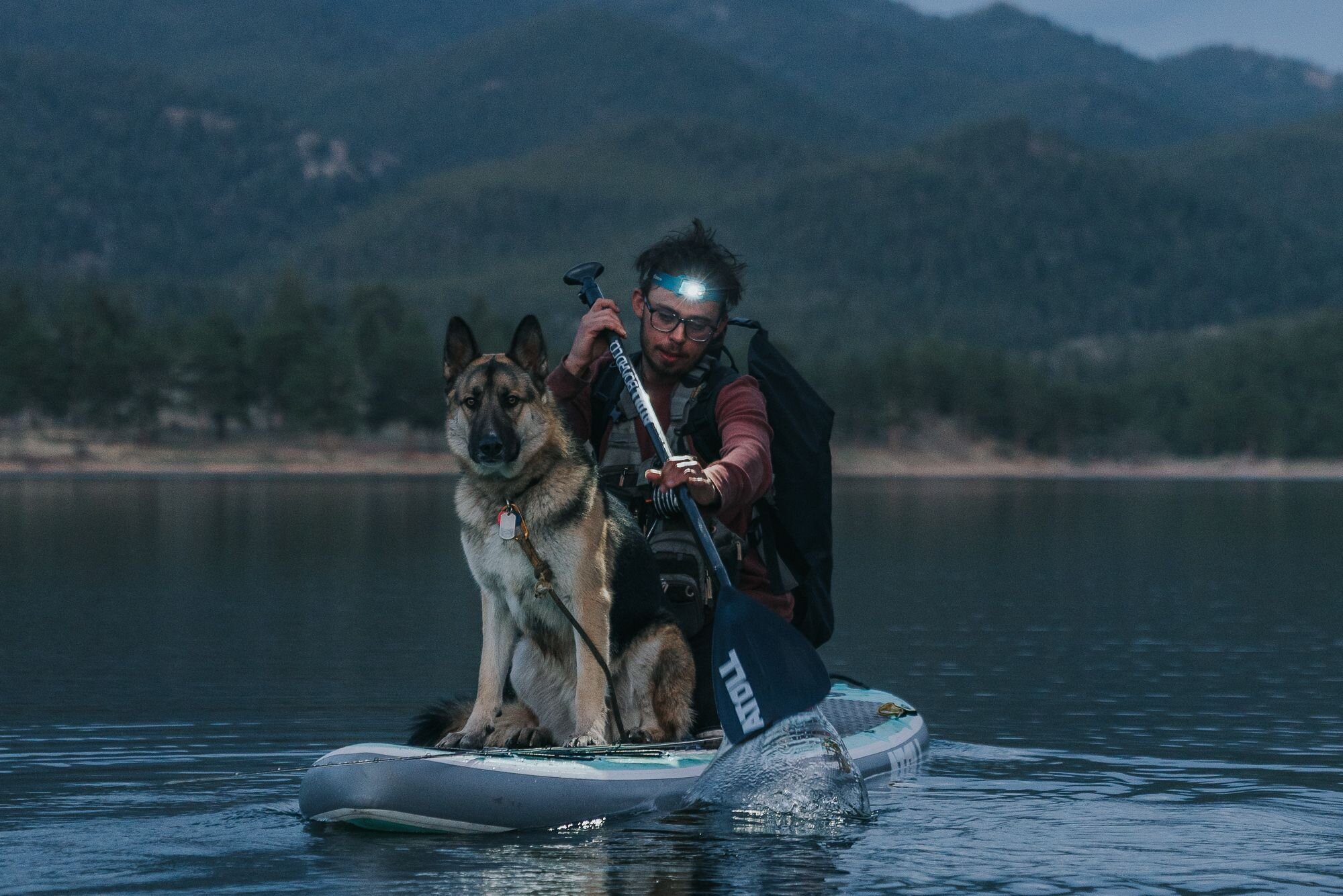 A man with a dog paddling an Atoll inflatable paddle board