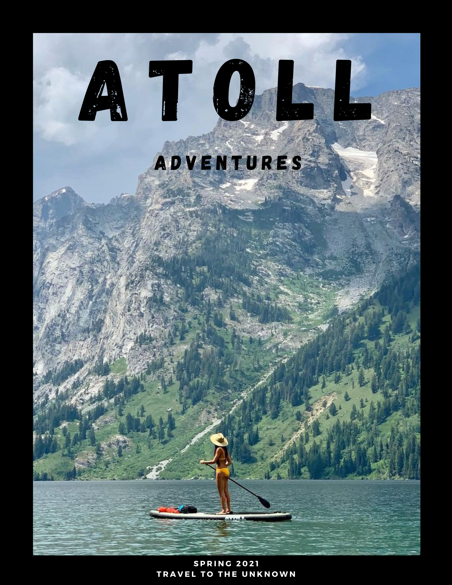 Atoll Adventures poster with A lady standing on an inflatable paddle board.
