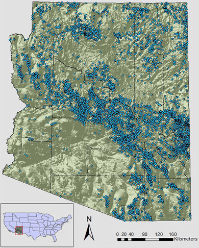 Compilation of available data for 10,227 springs in Arizona. Data provided by ALRIS , Coconino National Forest , Tribal governments, Kaibab National Forest, Glenn Rink, Bryan Brown and Susan Moran , Grand Canyon Trust ,and the Southern Colorado Plateau Network . Produced using ArcEditor, used here for educational purposes only.