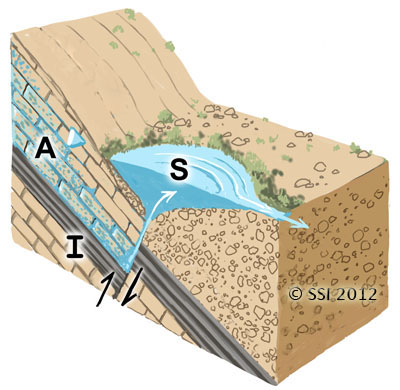 Sketch of Limnocrene spring type. A=aquifer; I=impermeable stratum; S=spring source. Fault lines are shown where appropriate. The inverted triangle represents the water table or piezometric surface.