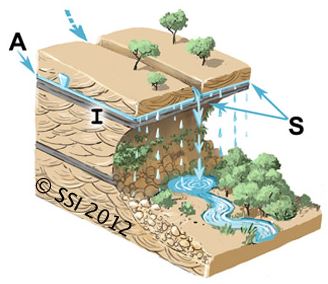 sketch of Hanging Garden spring type. A=aquifer; I=impermeable stratum; S=spring source. The inverted triangle represents the water table or piezometric surface. Fault lines are shown where appropriate.