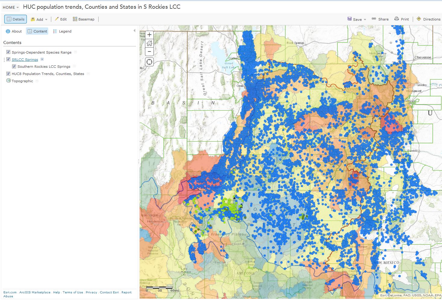 Interactive online map of publicly-available springs data within the Southern Rockies LCC. All data have been imported into the SpringsOnline database at http://springsdata.org/ .