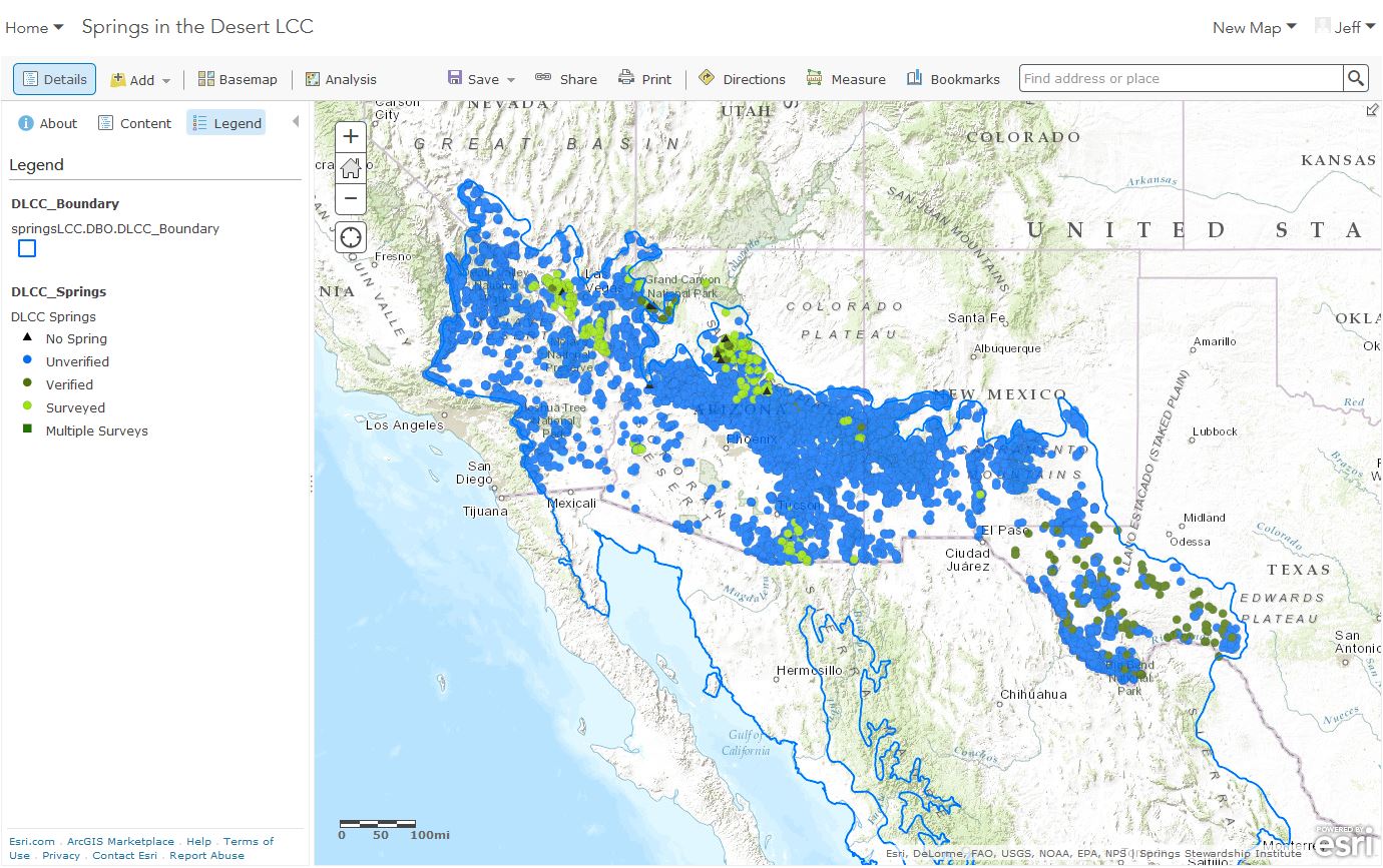 Interactive online map of publicly-available springs data within the Desert LCC. All data have been imported into the SpringsOnline database at http://springsdata.org/ .