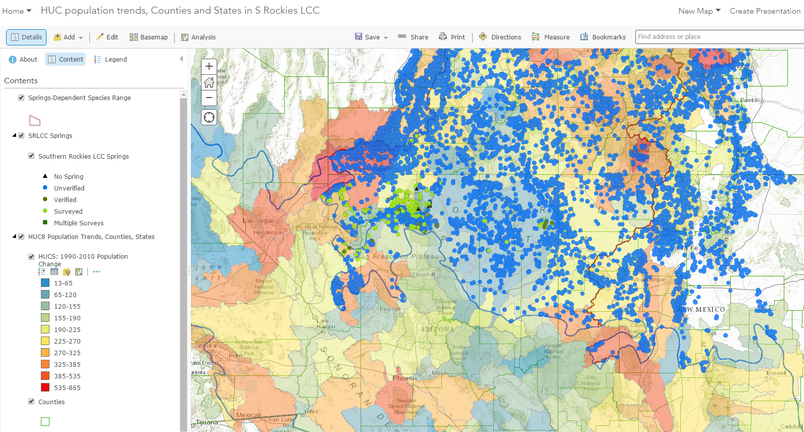 Interactive online map of publicly-available springs data and human population change within the Southern Rockies LCC. All data have been imported into the SpringsOnline database at http://springsdata.org/ .