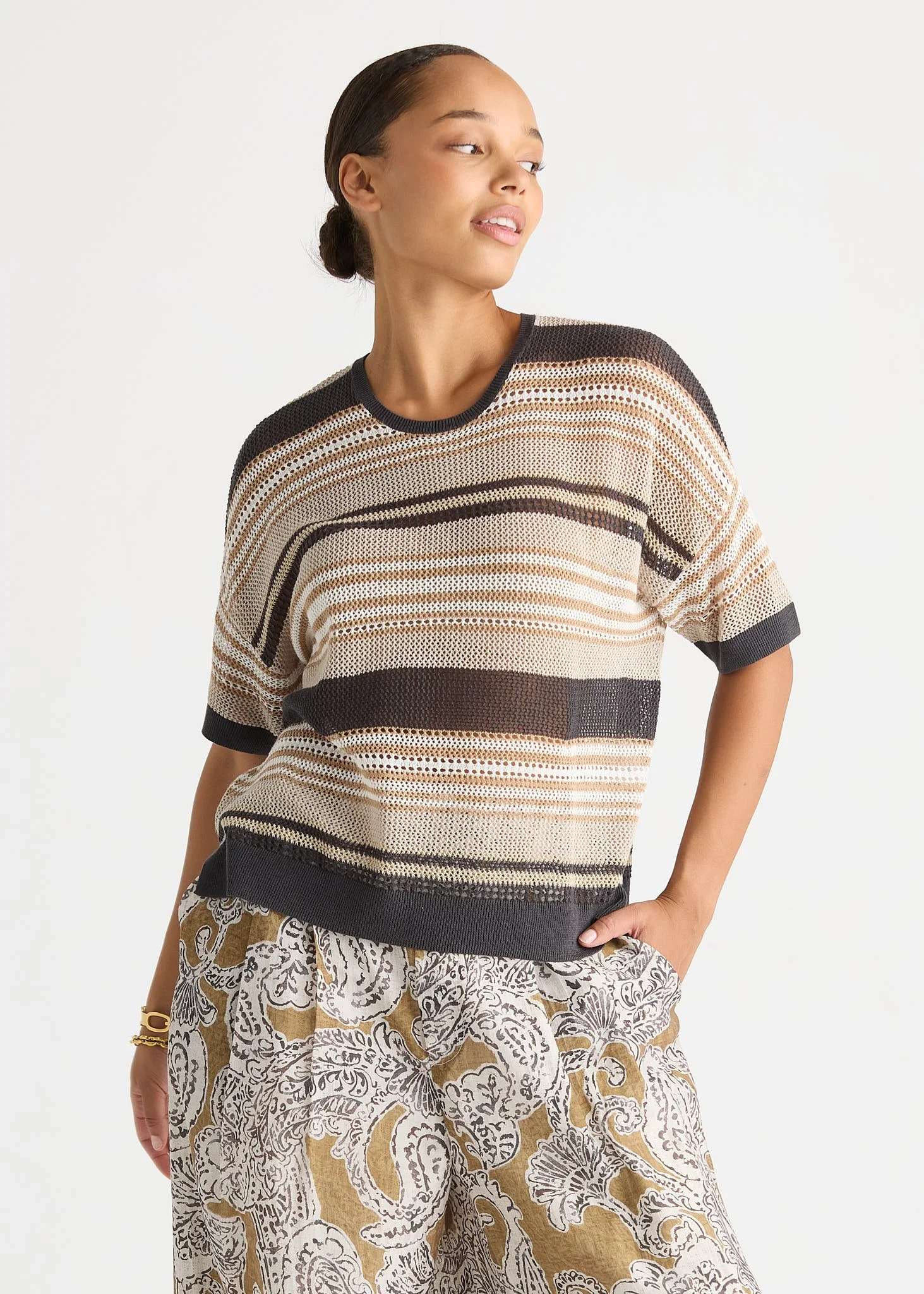 LC8872 GRAPHITE Stripe Lace Top