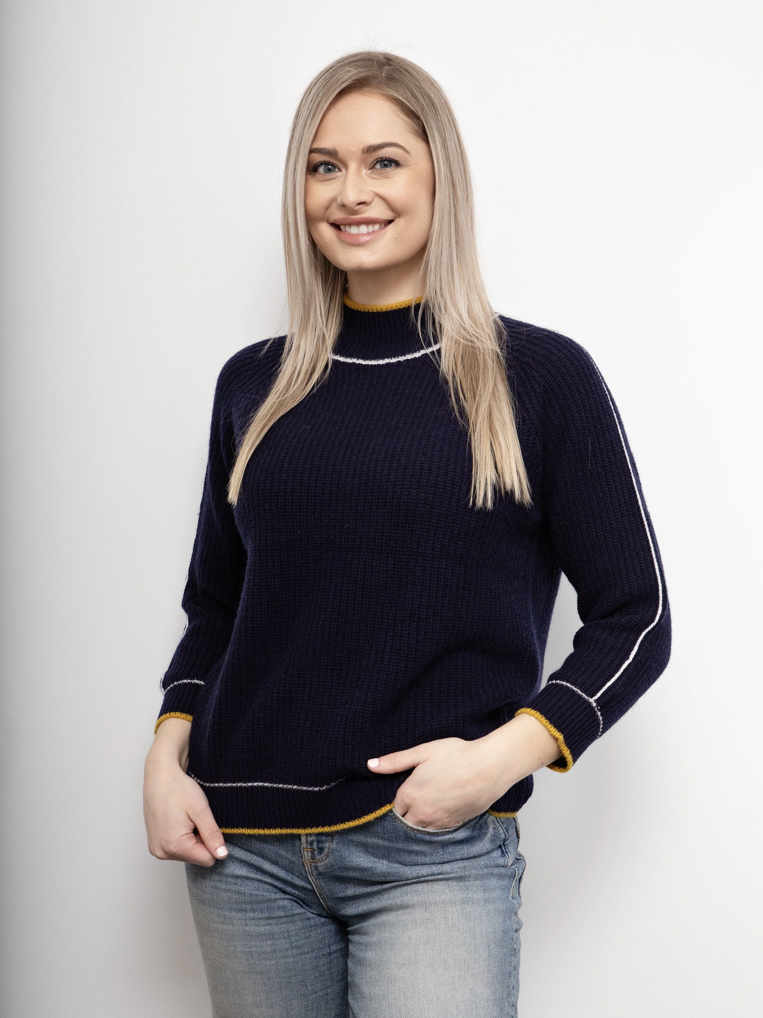 White On Black Contrast Turtle Neck Jumper