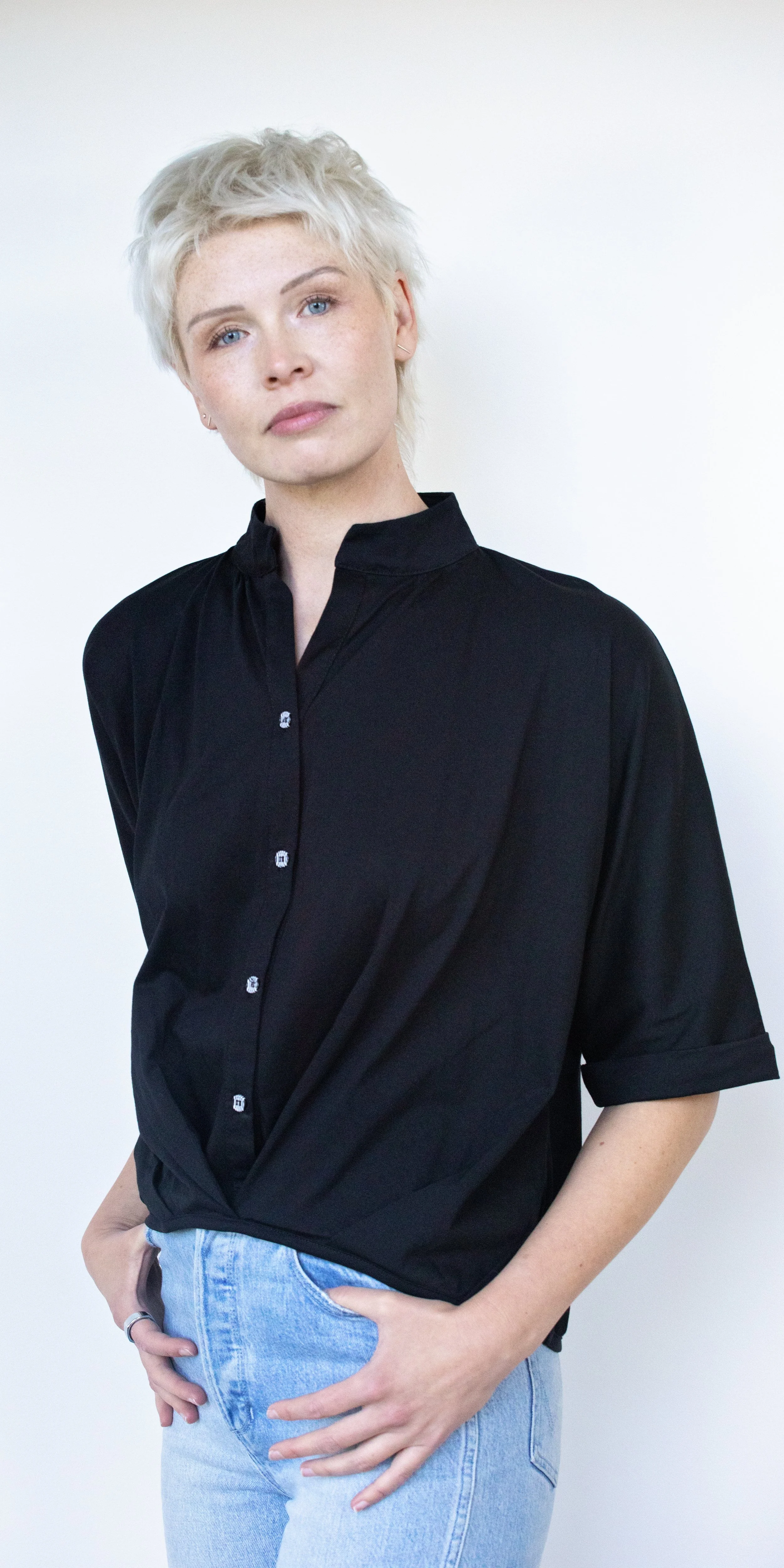 White On Black Blouson Elbow Sleeve Top
