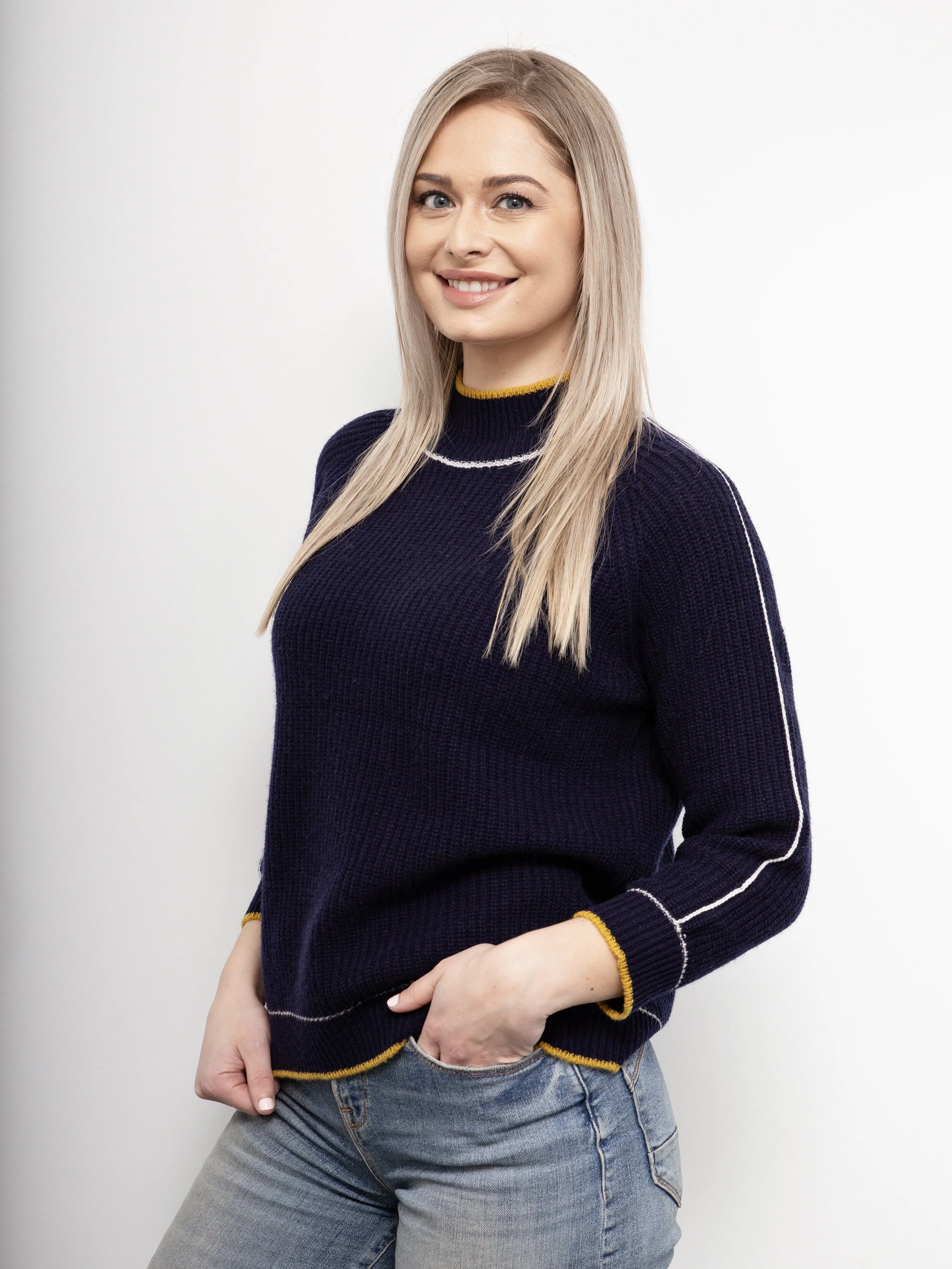 White On Black Contrast Turtle Neck Jumper