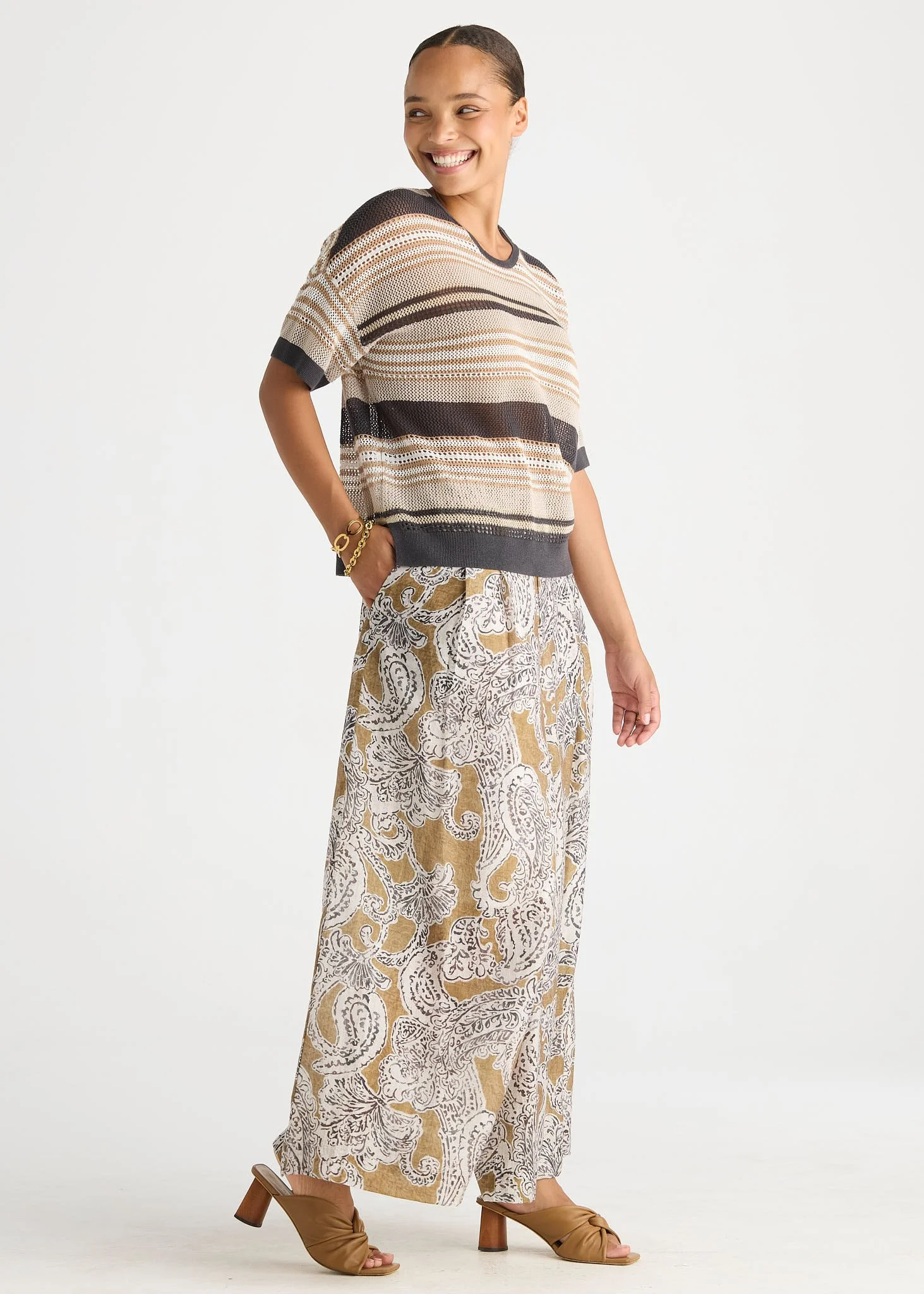 LC8872 GRAPHITE Stripe Lace Top