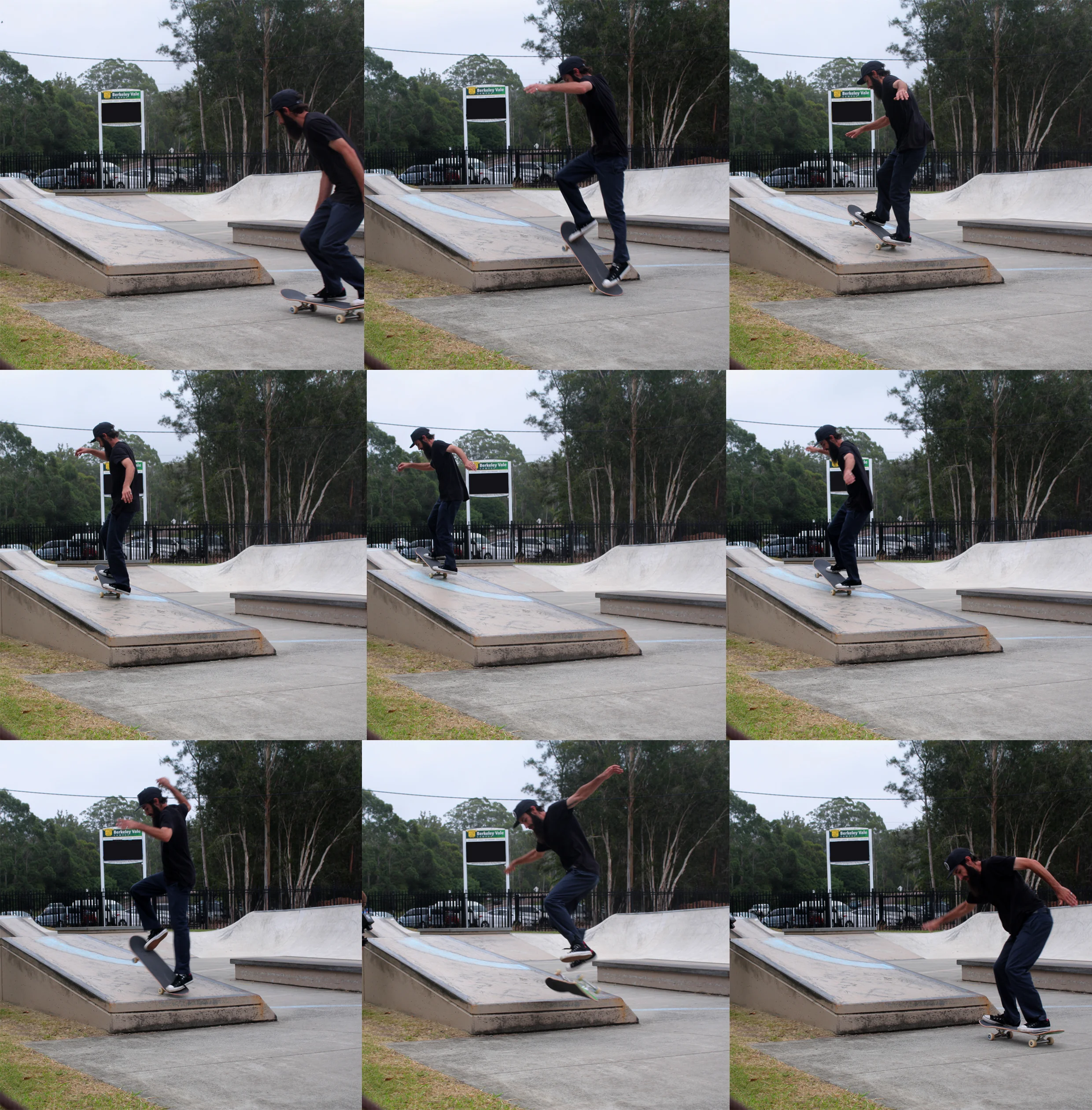 I had to hold the umbrella out to protect the camera from the rain but Pete Dalmer powered through the percipitation. Manual up, switch nose manual down with a fakie kickflip out.