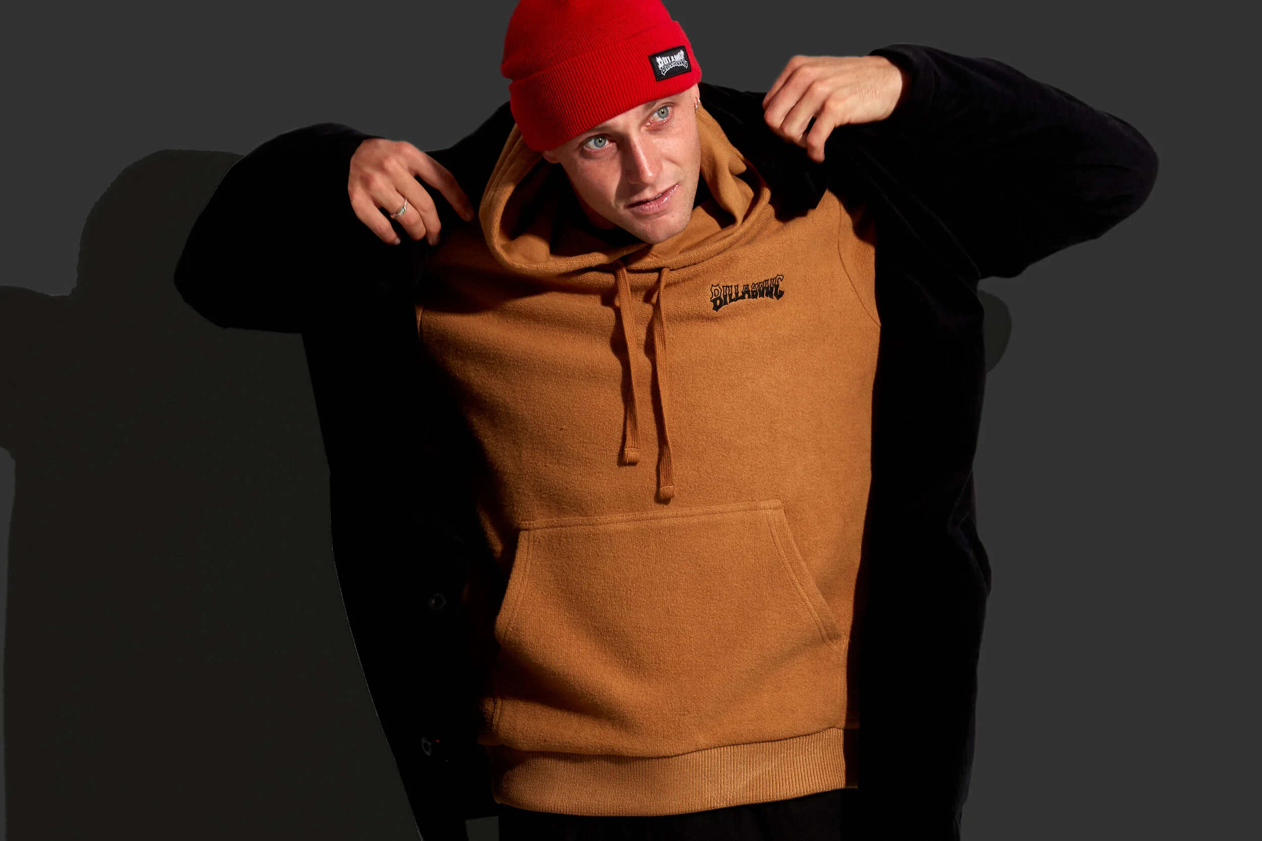 Contrast texture, reverse french terry hood with embroidery