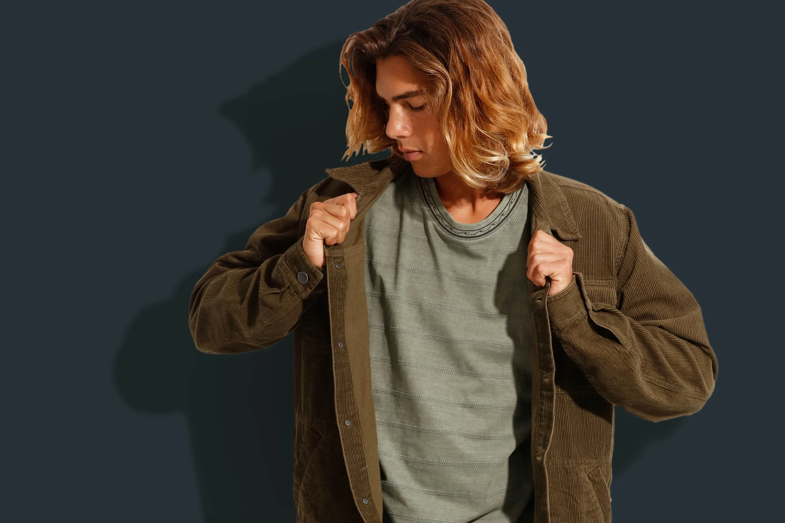 "Jacky Wave" - Jacquard knitted stripe T-shirt with pigment overdye &amp; jacquarded neck rib detailing
